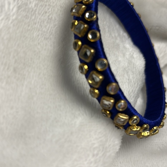 Bangle, royal blue, rhinestones round and square,wrapped thread covering. - Picture 3 of 4
